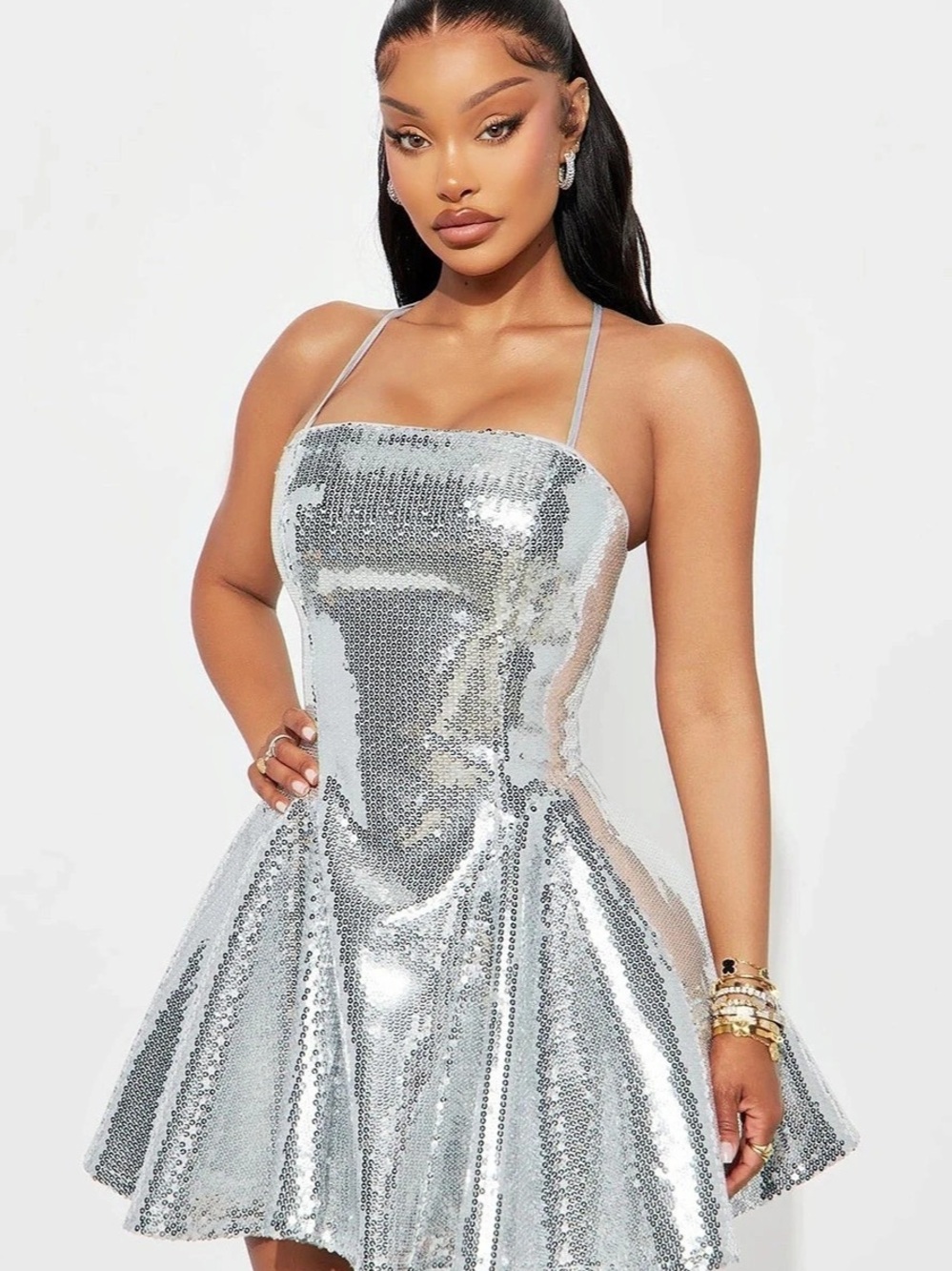 Fashion Nova Glam Doll Sequin Mini Dress Silver Size XL/XXL